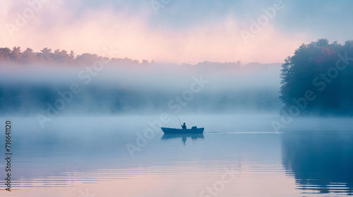 A family fishing trip on a serene lake at dawn with mist rising off the water and a small boat.