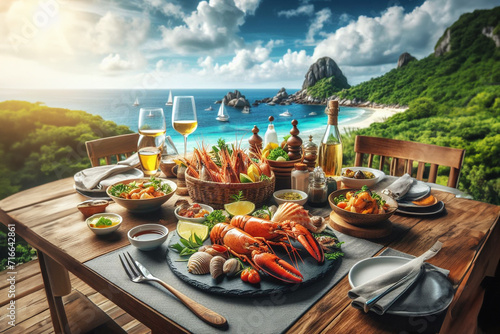 Seafood on wooden table with beautiful view of the sea.