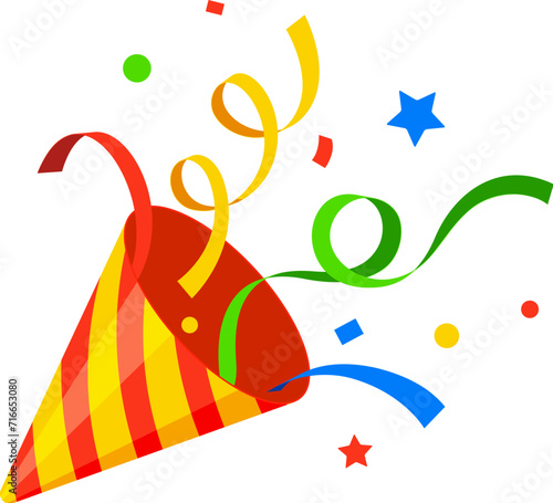 Birthday popper striped cone, holiday party firecracker with confetti and ribbon. Isolated cartoon vector cone-shaped shooter bursts into joyous confetti and stars, adding festive flair to celebration