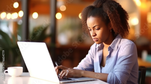 Serious black woman checking laptop in a bar.