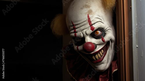 scary clown, in the shadows, looking eerily at the camera from behind an abstract wall