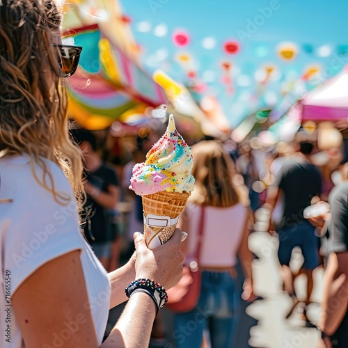 A photo of a person eating a melting ice cream in a bustling summer festival setting, with colorful booths and happy people, 