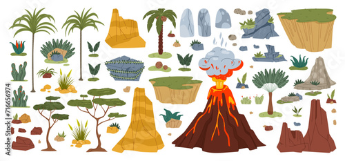 Jungle and jurassic dinosaur era environment game asset. Plants and trees, rock and volcano, stones and palms isolated prehistoric natural cartoon vector objects and graphic surrounding elements set