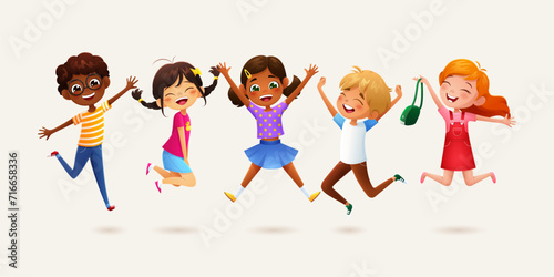 Cartoon children jumping, school boy and girl pupil characters leap with boundless happiness. Vector multiracial carefree gleeful kids joyfully laughter creating a vibrant scene of pure, unbridled joy