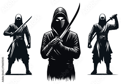logo set of ninja silhouette illustrations on isolated background