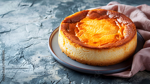 Basque cheesecake on textured background, copy space. Bright orange cheesecake on a gray plate. Sunny citrus cheesecake with crusted edge. Whole orange-flavored cheesecake on textured backdrop