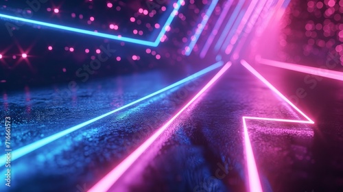 3d render, abstract neon arrow turns right. Speed and technology concept. Glowing pink blue lines and bokeh lights 