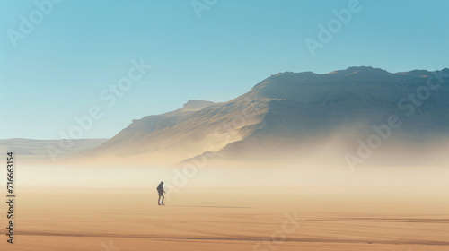 A photographer capturing the ethereal beauty of a desert mirage at midday.