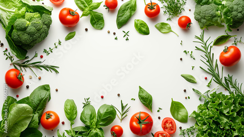 Vegetables frame around empty copy space area, Leafy greens, tomatoes, basil, herbs, spices. For organic green product advertising background 
