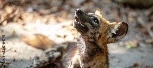 Intense close up portrait of a howling wild dog with dramatic expression, perfect for text placement
