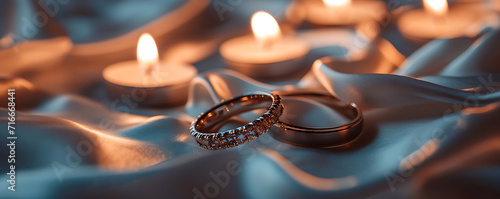 Two intertwined wedding rings resting on a bed of satin with soft candlelight creating a romantic ambiance.