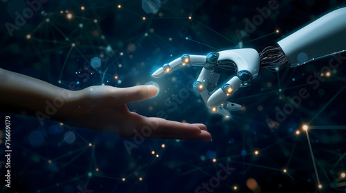 hand of human and robot or artificial Intelligence connecting data information , machine learning technology