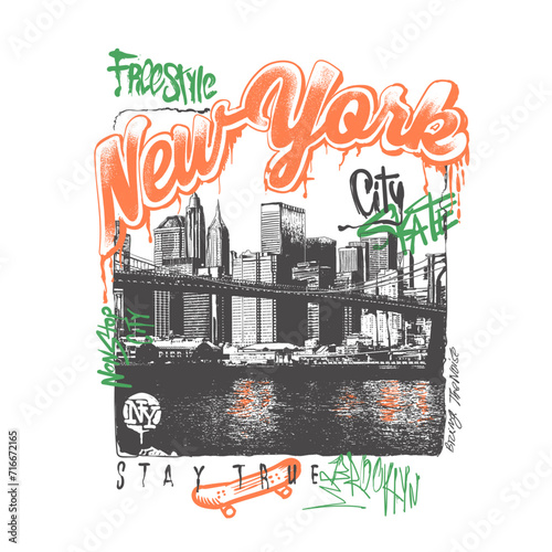 Hand Draw New York City with Graffiti text print, Urban typography street art graffiti slogan print, vector city view, Tags, spray, graffiti, signs