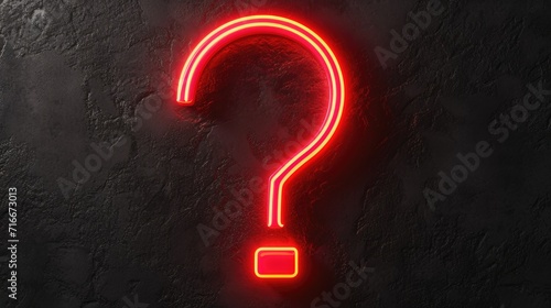 Bright neon red question mark glowing on a textured dark wall.