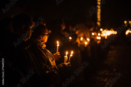minimalist Lenten procession or church service, with worshippers holding lit candles and religious symbols, illustrating the collective observance of this sacred period in a minima