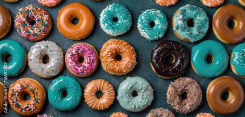  a bunch of different kinds of doughnuts on a black surface with sprinkles on the top of the doughnuts and the doughnuts on the bottom of the doughnuts.