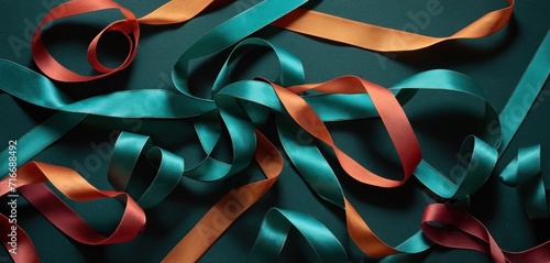  a close up of a bunch of ribbons on a green surface with red, orange, and green ribbons in the middle of the ribbon and the middle of the streamers.