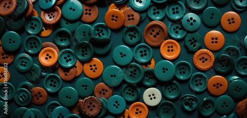  a group of orange and green buttons sitting on top of a dark green surface with a white button in the middle of the middle of the middle of the button.