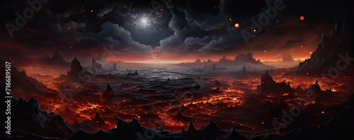 Red lava in night country scenery. erupting from a volcanic ,