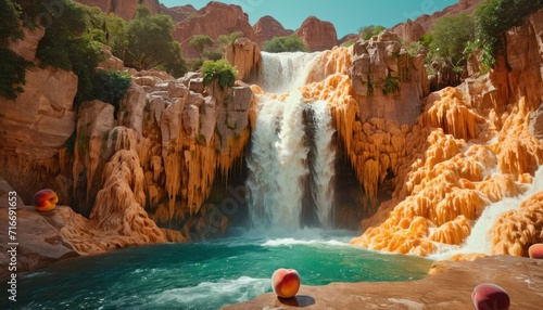  a painting of a waterfall in the middle of a body of water with orange rocks on the sides of the falls and trees on the other side of the falls.