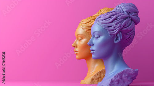 3D multicolored female heads isolated on pink background with copy space. Concept of gender equality and cultural diversity.