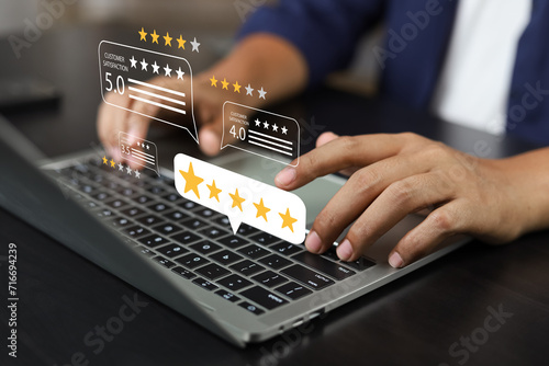 Online customer satisfaction Survey service concept, client rate service from experience in application,Consumer give five-Stars and feedback review for quality, Business reputation ranking from buyer