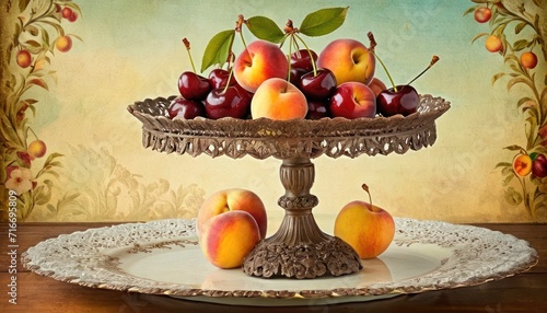  a painting of a platter of fruit on a table with a painting of a peaches and cherries on the side of the platter on the table.