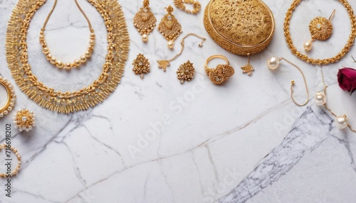  a collection of gold jewelry on a white marble surface with a rose in the middle of the frame and a bunch of other gold jewelry on the side of the table.