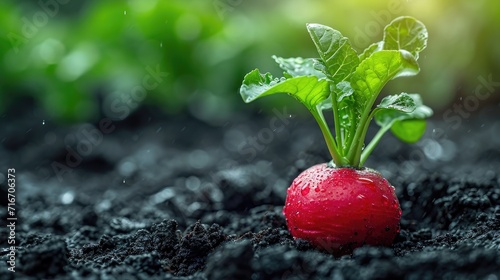 Radish on the dark black soil ground in the vegetable garden. Organic autumn harvest