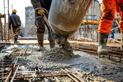 Workers pour the Foundation for the construction of a residential building using mobile concrete mixers
