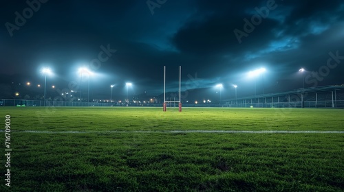 Empty sport field, Rugby stadium with green grass illuminated spotlights in evening. View on gates.