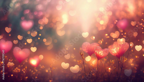 Valentines bokeh abstract background with Pantone 13 1023 peach fuzz color tones