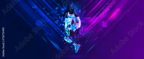 African young woman, basketball player in motion, jumping with ball on gradient background with polygonal and fluid neon elements. Concept of sport, competition, tournament. Banner for sport events