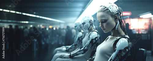 Humanoid robots sitting at a bus station