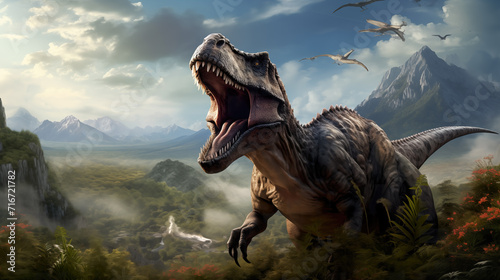 a screaming trex in front of a prehistoric jurassic landscape