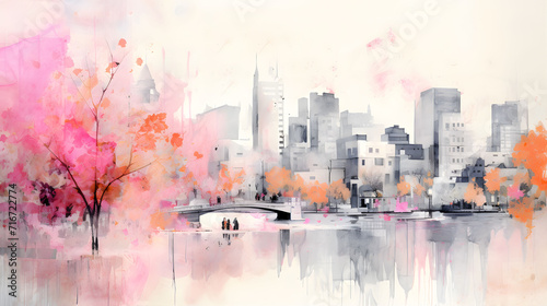 Illustrated watercolor image of a cityscape with a beautiful spring background 