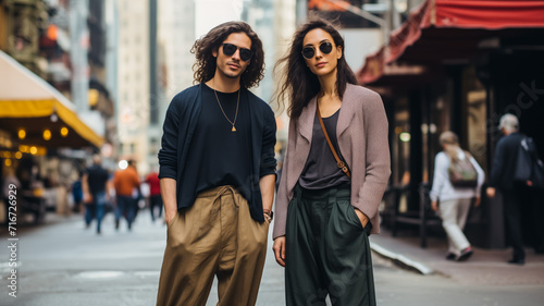 Stylish young couple walking confidently on city street