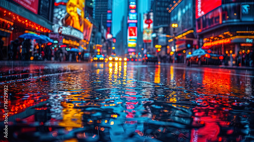 Wet asphalt gives the city landscape a hypnotizing look, reflecting the brilliance of advertising