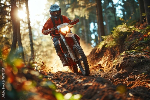 Motocross rider on the race in the forest at sunset. Motocross. Enduro. Extreme sport concept.