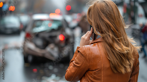A young woman uses a cell phone to call insurance after a car accident on the road.