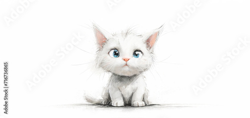 piccolo simpatico micetto bianco dallo sguardo imbarazzato, grandi occhioni, sfondo bianco