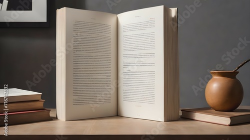 An open book stands on a table with books against a gray wall. Background for the curious or dreamy