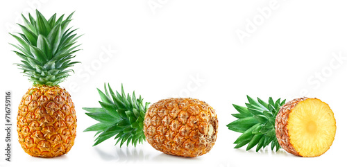 Fresh organic pineapple with leaves isolated on white background