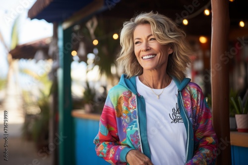 Portrait of a cheerful woman in her 50s wearing a zip-up fleece hoodie against a tropical beach bar background. AI Generation