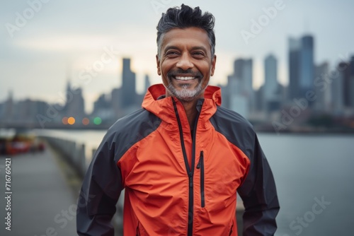 Portrait of a grinning indian man in his 40s wearing a functional windbreaker against a modern cityscape background. AI Generation