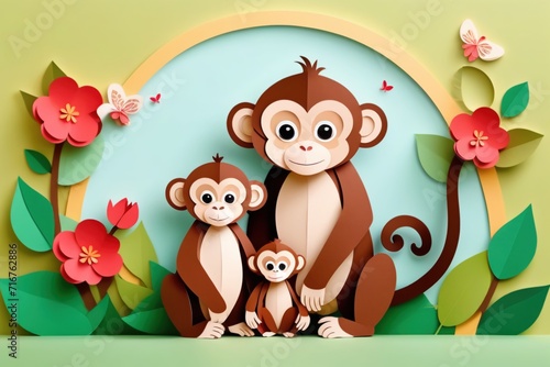 Paper cut style illustration of an adorable monkey family surrounded by blooming flowers.Family day and mothers day card concept.