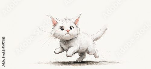 illustrazione con simpatico micetto bianco che corre, gioca, disegno su sfondo bianco