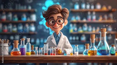 Scientist working in a lab. Laboratory equipment drawing, glass bottles and flasks 