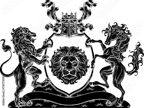 A crest coat of arms family shield seal featuring lions and horse