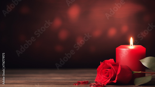 valentine background with a red rose flower and Rose petal and lighting candle. romanic dark background. copy space. valentine invitation.